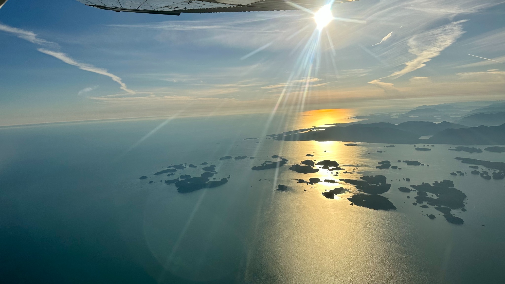 Aerial view of the coastal islands at sunset
